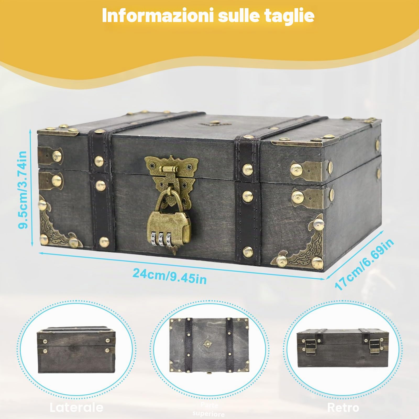 Scrigno del Tesoro Legno Vintage con Lucchetto a Combinazione 3 Cifre, 24x17x9.5cm Bauletto Pirati Legno Fatto Mano, Scatola Legno Massiccio per Conservare Gioielli, Monete, Piccoli Oggetti e Regali