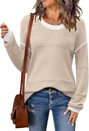 ETCYY Womens Striped Sweaters 2023 Fall Batwing Long Sleeve Side Slit Oversized Sweaters Trendy Crew Neck Knit Pullover Tops