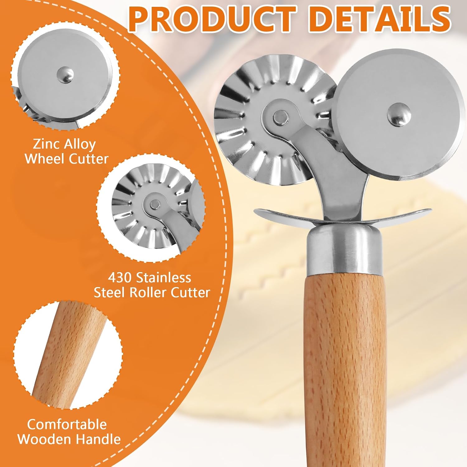 Pastry Cutter, Double Wheel Steel Dough Tool with Wood Handle