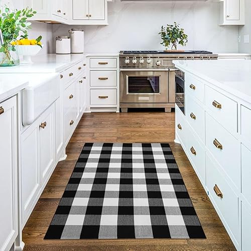 Miniatura 5 de KOZYFLY - Alfombra de algodón a cuadros, 35.4 x 59 pulgadas, lana cuadriculada, 3 x 5 pies, lavable y tejida a mano para entrada, porche, exterior y