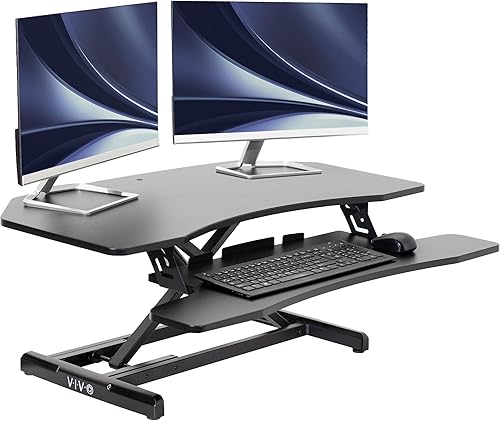 VIVO Convertidor de escritorio de pie de 38 pulgadas ajustable en altura de esquina, estación de trabajo de elevación de monitor dual de mesa para