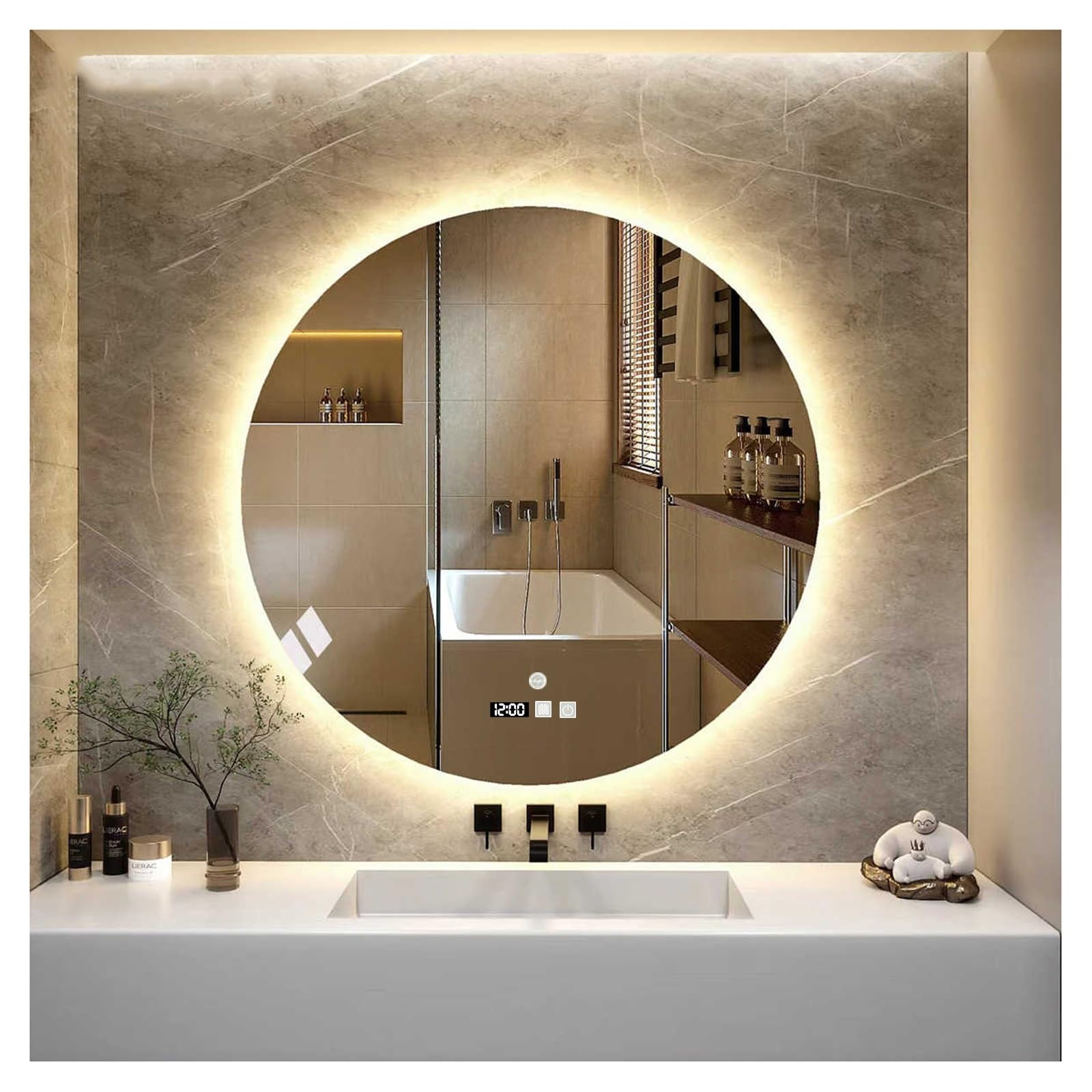 FGXHHS Round with LED Lights，Round Led Mirror,Bathroom Lights,Demister pad，Dimmable Touch Switch Makeup Smart Mirror(A,H80*W80cm/H31.5*W31.5IN)
