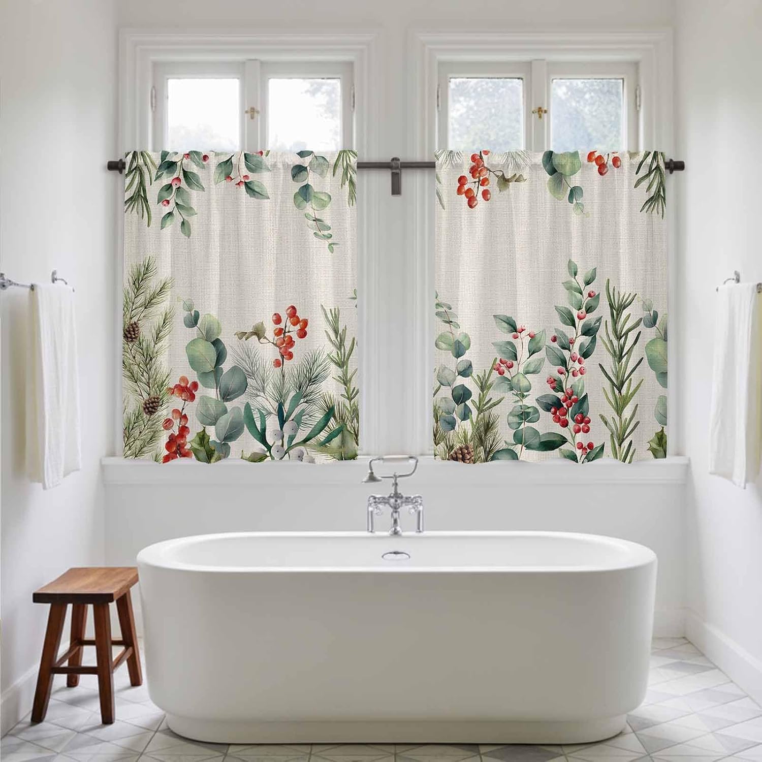 Christmas Eucalyptus Leaves Kitchen Tier Curtains 45 Inch Long 2 Panel Set,Rod Pocket Short Window Treatment,Winter Pine Fruit Xmas Berry Curtains & Drapes for Bathroom Basement 27.5"W x 45"L