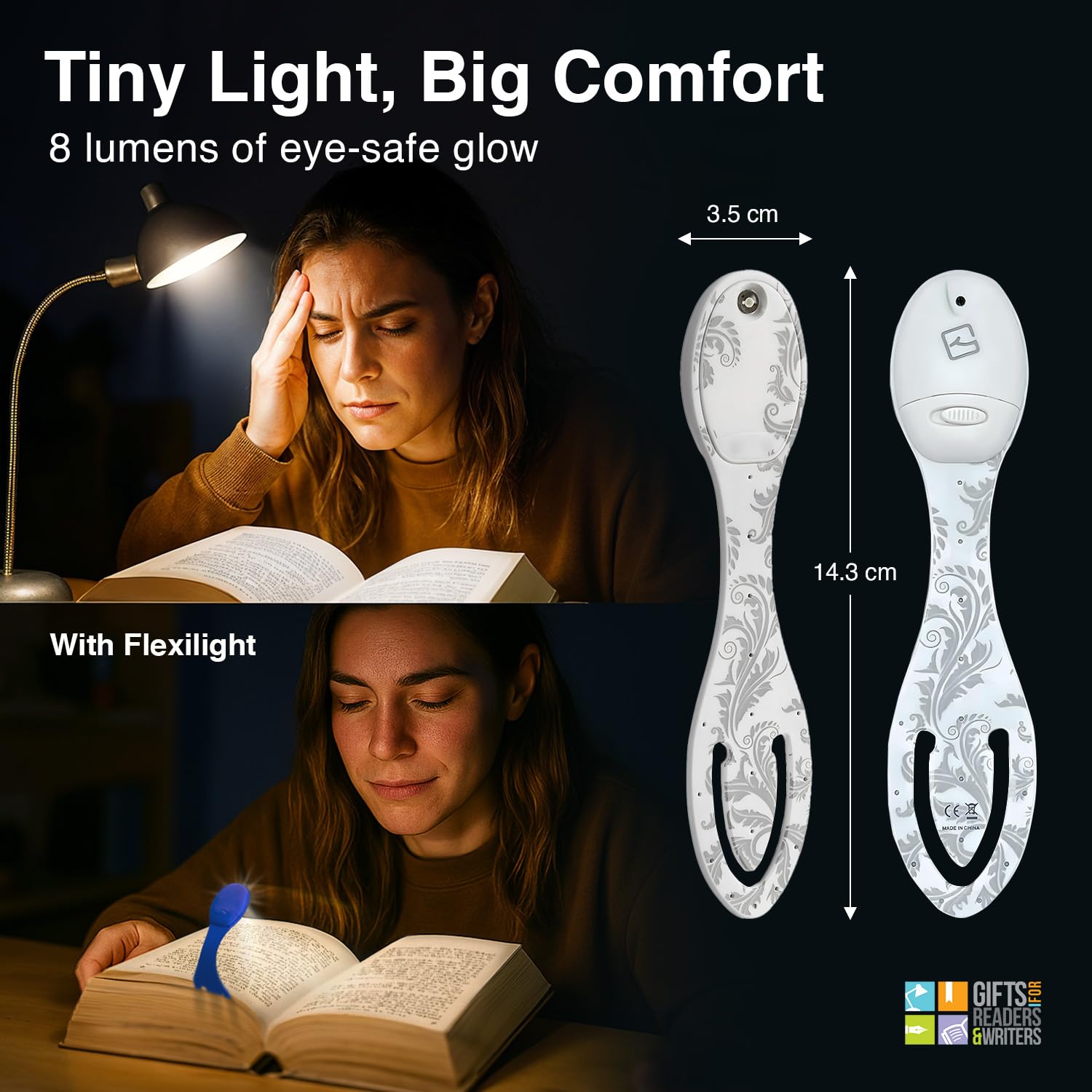 Flexilight Luce da Lettura Ricaricabile | Segnalibro 2 in 1 Luce per Libro | Lampada LED a clip da Lettura | Pila per Leggere a Letto per Bambini e Adulti | Accessori per Libri | Idea Regalo Lettori
