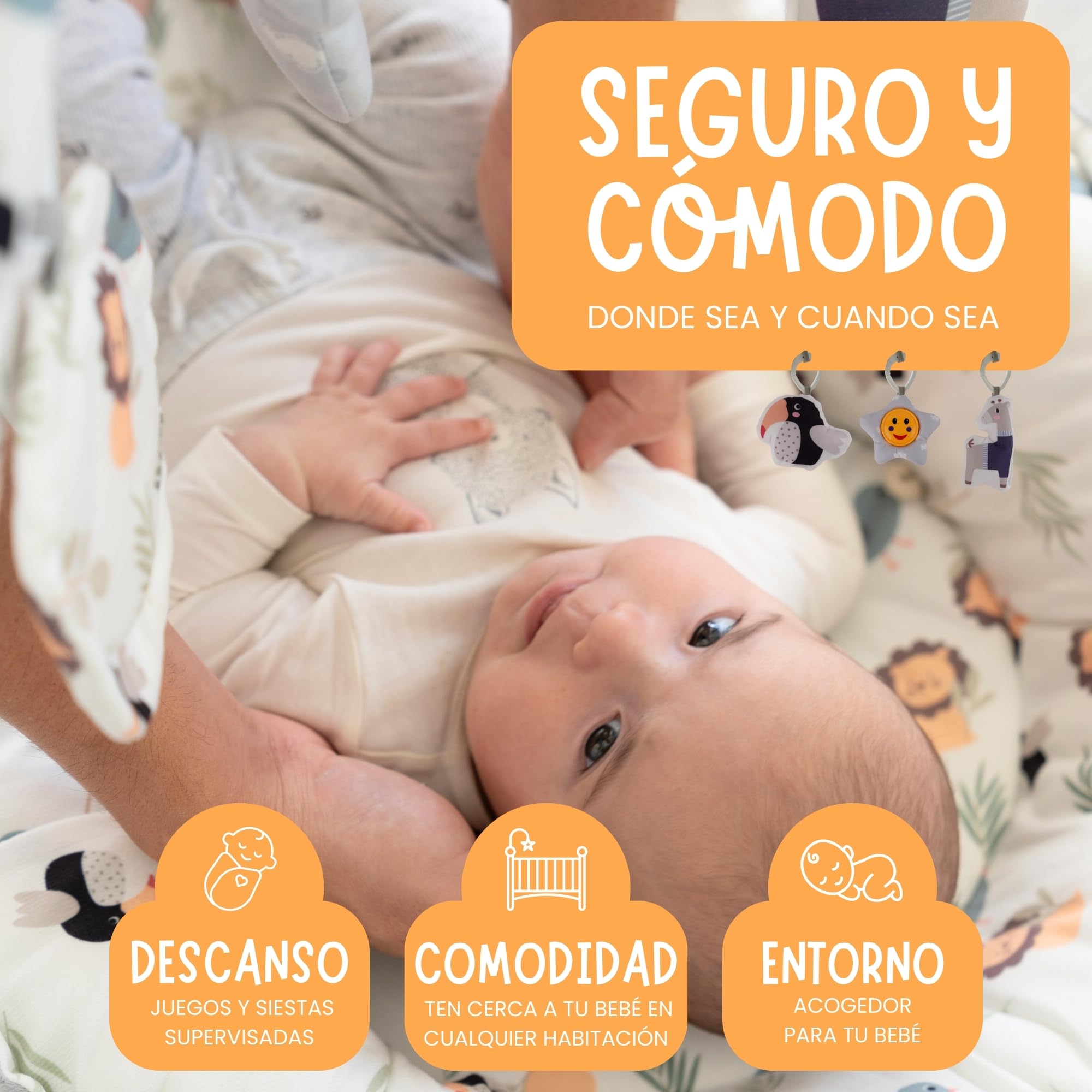 Nido de Bebé Recién Nacido 0-6 Meses - Reductor de Cuna 90cm con Arco de Juegos (5 Piezas Sensoriales) - Nido Colecho de Algodón Transpirable, Desmontable y Lavable