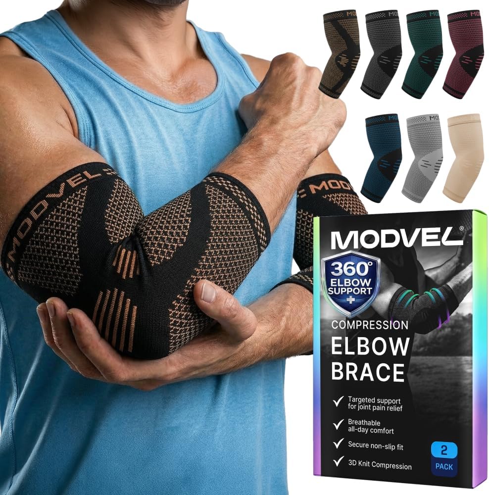 Modvel 2 Pack Elbow Brace for Tendonitis and Tennis Elbow Brace for Women and Men, Elbow Compression Sleeve for Pain Relief and Recovery – Elbow Sleeves Weightlifting Men, Sports & Workout, Arm Brace