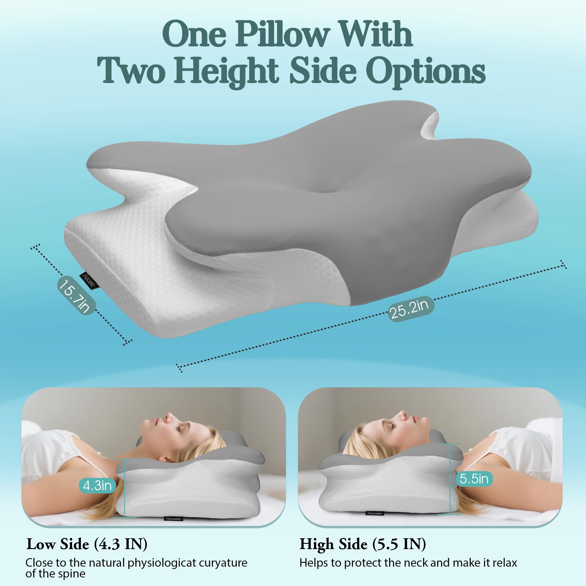 Oreiller Ergonomique Cervical Oreiller Memoire Forme pour la Nuque,pour Dormir sur Le côté,Le Dos et Le Ventre(Gris Clair Quatre Coins)