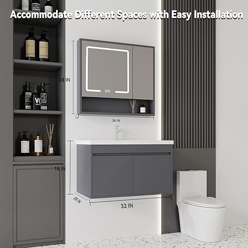 Miniatura 113 de Tocador de baño de 20 pulgadas con lavabo de cerámica, tocador de baño pequeño montado en la pared con puerta de cierre suave, gabinete flotante