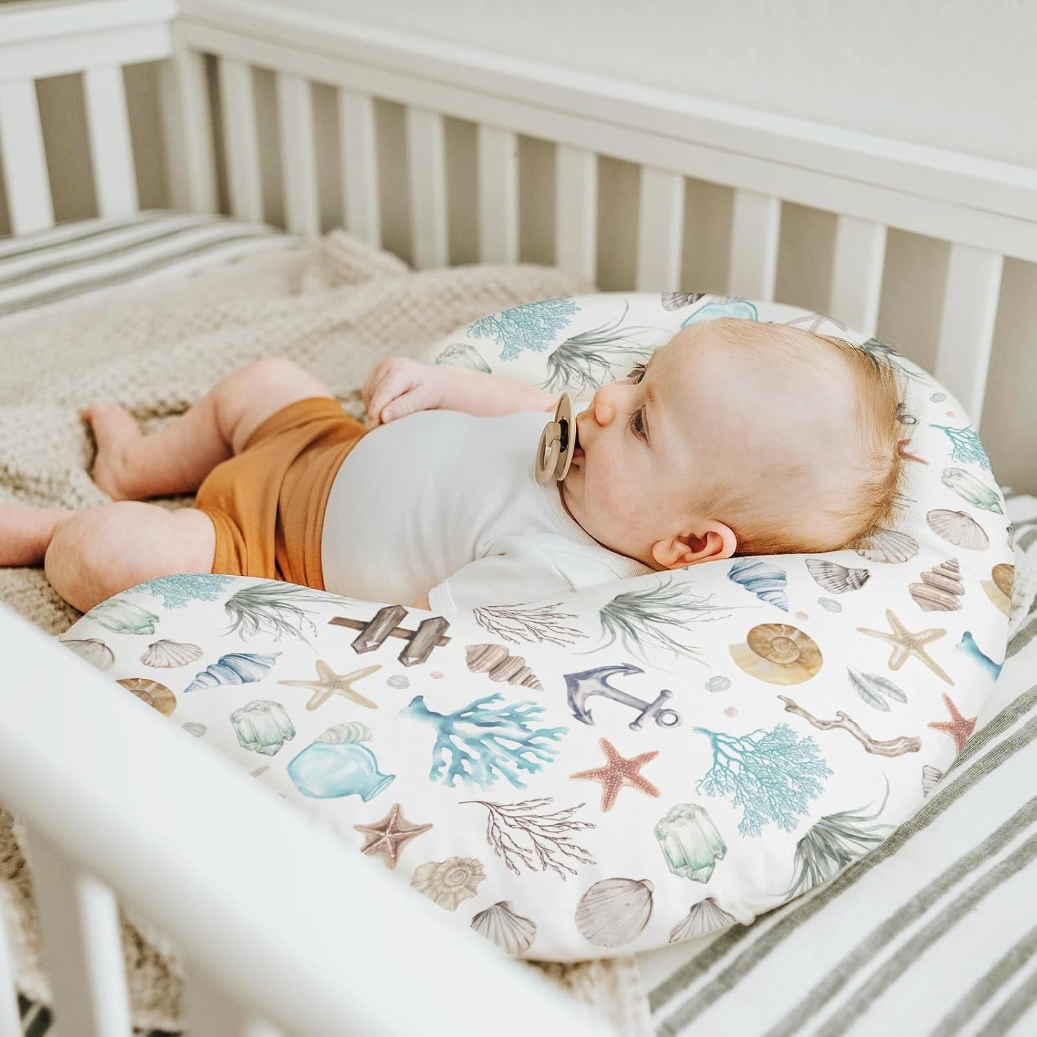 Ocean Boho Summer Nursing Pillow Covers for Boy Girl Seashells Conch Starfish Corals Anchors Nursing Pillow Slipcovers for Breastfeeding Pillows Nautical Life Soft Stretchy Cover for Newborn Infant