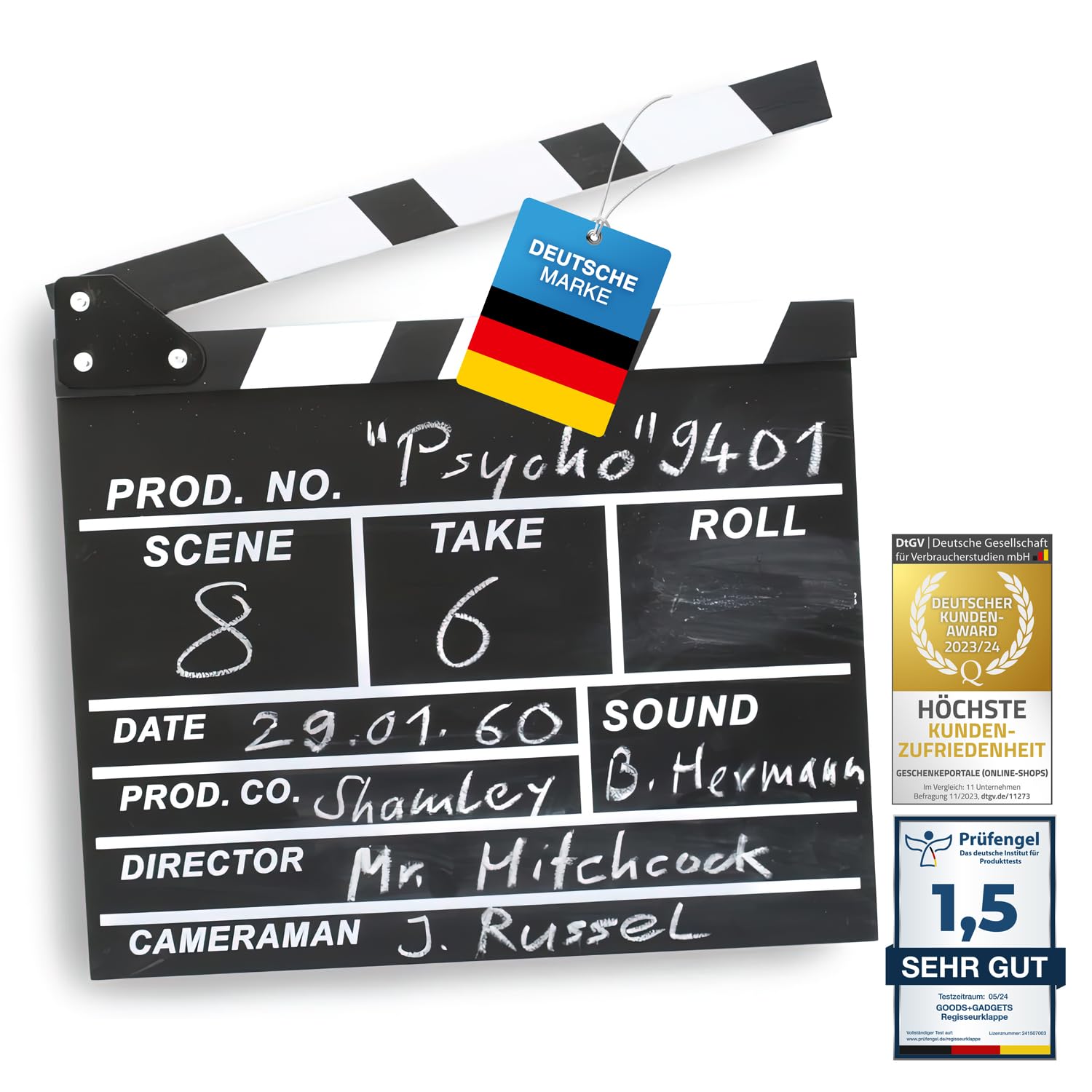 GOODS+GADGETS® Klaps Reżyserski XXL 30x27 cm - Tablica Kredowa Rekwizyt | Klaps filmowy na podstawie oryginału – czarna powierzchnia do pisania kredą, zawias, wymiary 30 x 27 cm