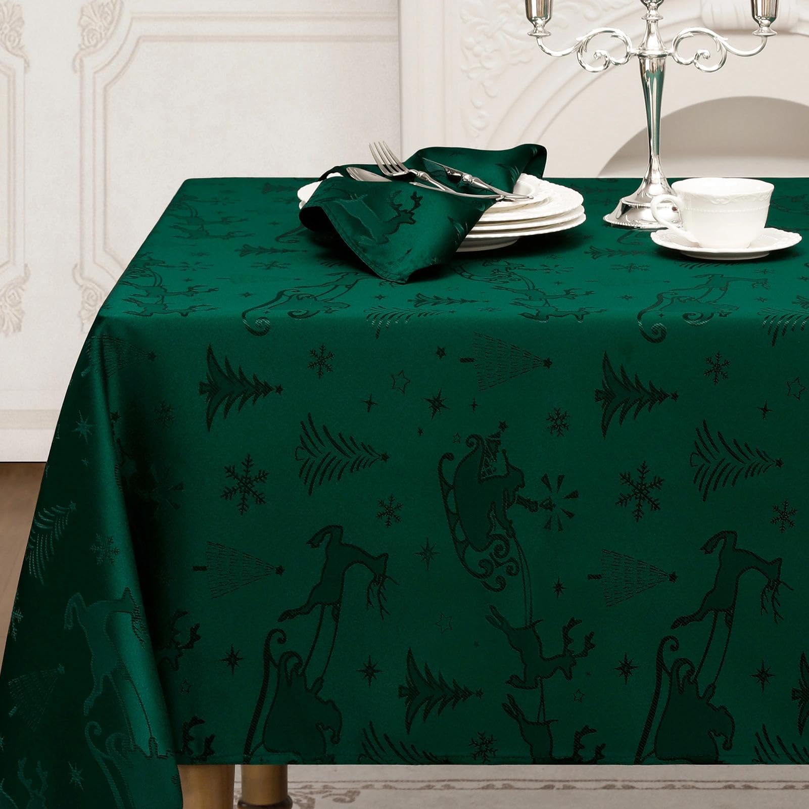 Romanstile Christmas Tablecloth Dark Green 150x350cm Damask Reindeer Large