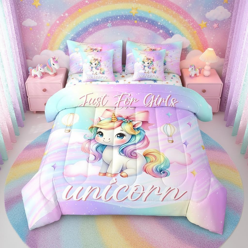 Erosebridal Girls Unicorn Queen Comforter Set with Sheets,Rainbow Kids Purple Unicorn Bedding Set 7 Piece,Cute Pink Bow Knot Bed Set Girly Bowknot Comforter with Fitted+Flat Sheet,Pillowcases