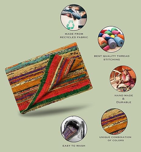 Miniatura 8 de Chindi - Alfombras de trapo de algodón 100% ecológicas, 2 en 1, reversibles, multiusos, multicolor, tejidas a mano (5 x 3 pies) para sala de estar y