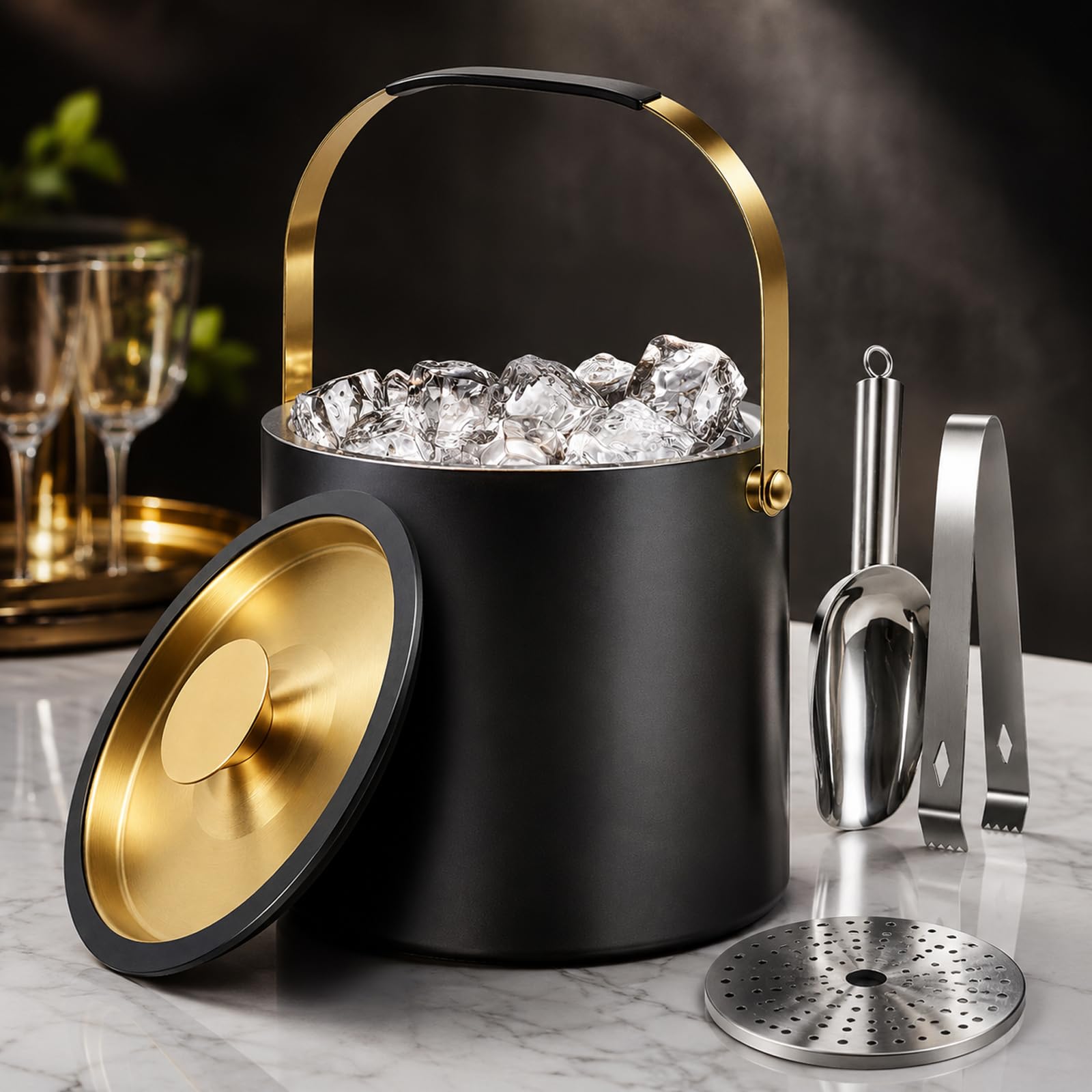 Qingning 3.2L Eiswürfelbehälter, Eiskübel mit Deckel, Zange, Schaufel & Sieb | Eiswürfelbehälter Edelstahl, Doppelwandiger Edelstahl-Eiskübel für Bier und Wein, für Partys, Picknicks, Clubs