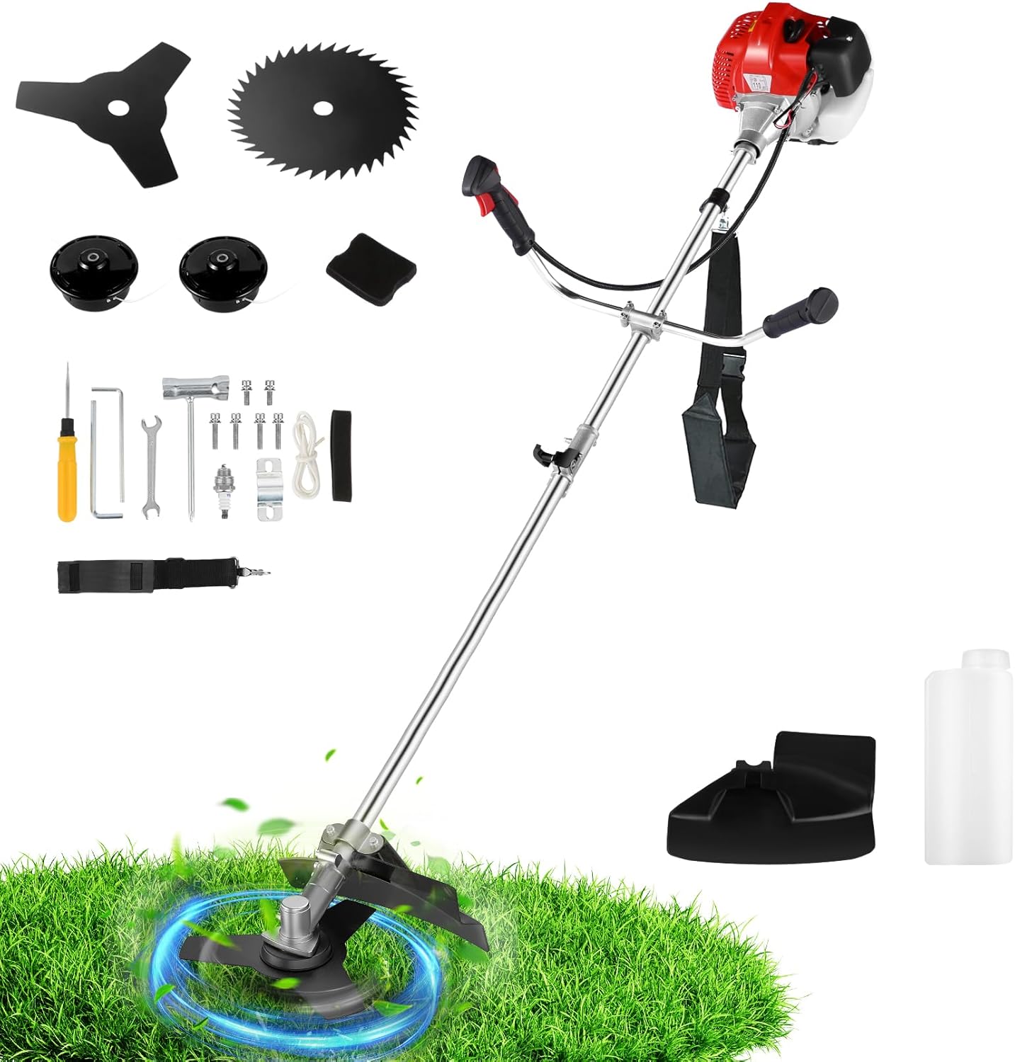 4-in-1 String Trimmer Gas Powered Weed Wacker, 58cc 2-Cycle Brush Cutter with 18" Cutting Path, Straight Shaft Gas Weed Eater with 4 Detachable Heads for Lawn, Garden, Yard, Red