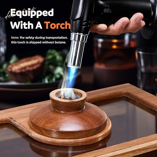 Miniatura 7 de Kit de ahumador de cóctel, kit de ahumador de whisky con antorcha, caja de fumar, bandeja de alimentos y chips de madera, kit de ahumador de bourbon