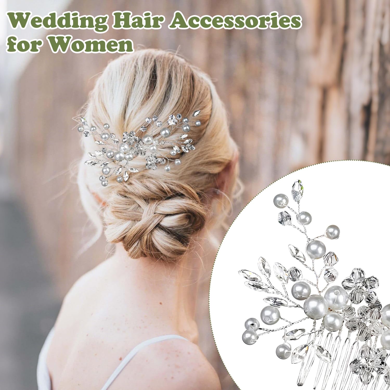 VLYX 2 Pcs Pearl Bridal Hair Clip with Floral Comb - Adjustable Crystal Rhinestone Headpiece for Wedding Updo, Parties (Silver) - Image 3