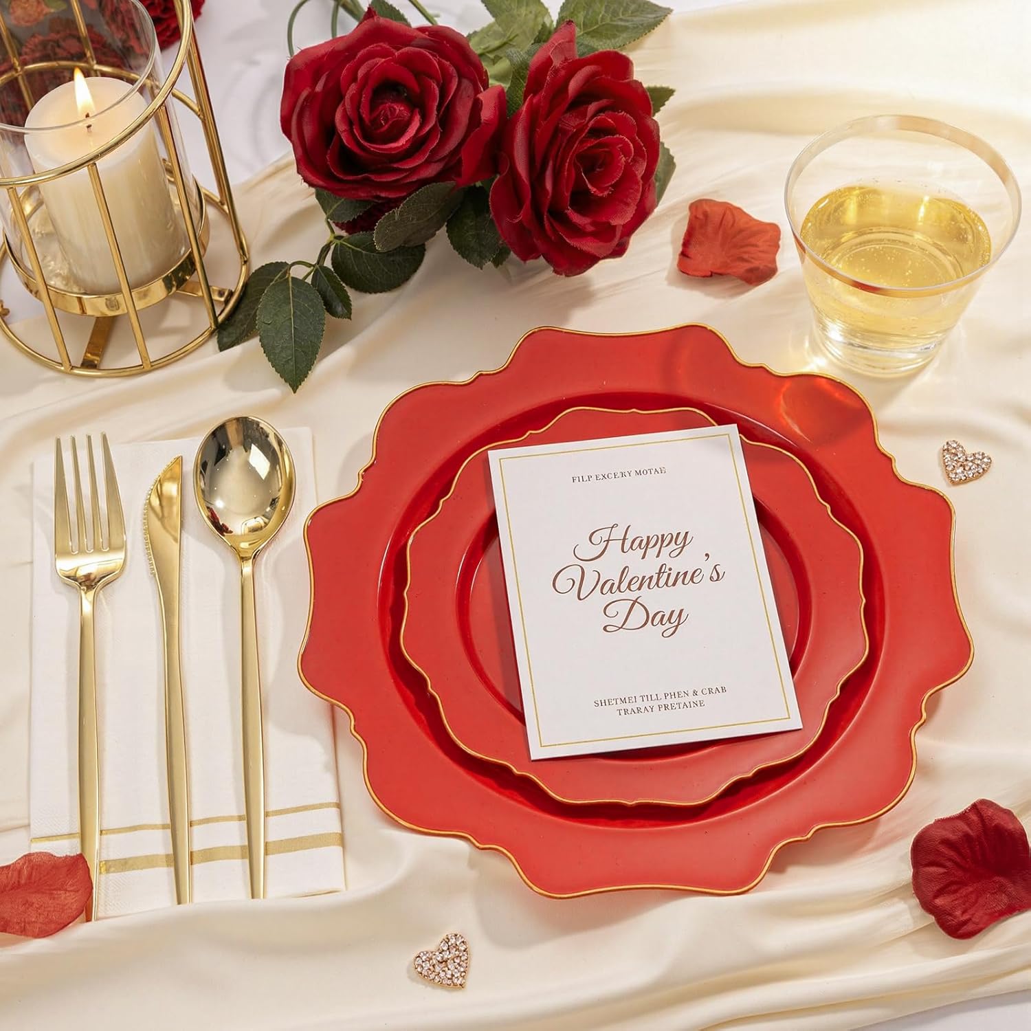 WDF 175Pcs Red Plates - Red Plastic Plates with Gold Rim - Fancy Disposable Dinnerware Sets Ideal for Party Baby Shower Wedding Spring