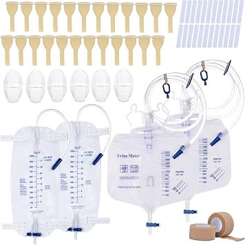 External Condom Catheter for Incontinence for Elderly Men,24pcs 25mm Soft Latex Sets,2 pcs 1000ml Leg Bags,2 pcs 2000ml Urine Bags 6pcs Stabilization Device with 2 Rolls of Tape Male