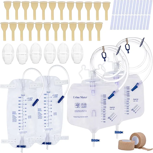 External Condom Catheter for Incontinence for Elderly Men,24pcs 25mm Soft Latex Sets,2 pcs 1000ml Leg Bags,2 pcs 2000ml Urine Bags 6pcs Stabilization Device with 2 Rolls of Tape Male