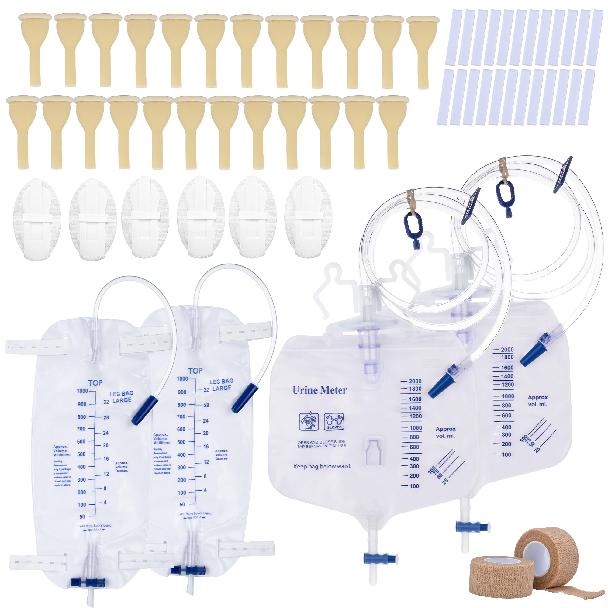 External Condom Catheter for Incontinence for Elderly Men,24pcs 30mm Soft Latex Sets,2 pcs 1000ml Leg Bags,2 pcs 2000ml Urine Bags 6pcs Stabilization Device with 2 Rolls of Tape Male