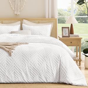 Andency White Duvet Cover King Size, Tufted Boho Bedding Set 3 Pieces, Soft Jacquard Textured Comforter Cover Bed Set for All Seasons, Includes 1 Duvet Cover with Zipper Closure & 2 Pillow Shams