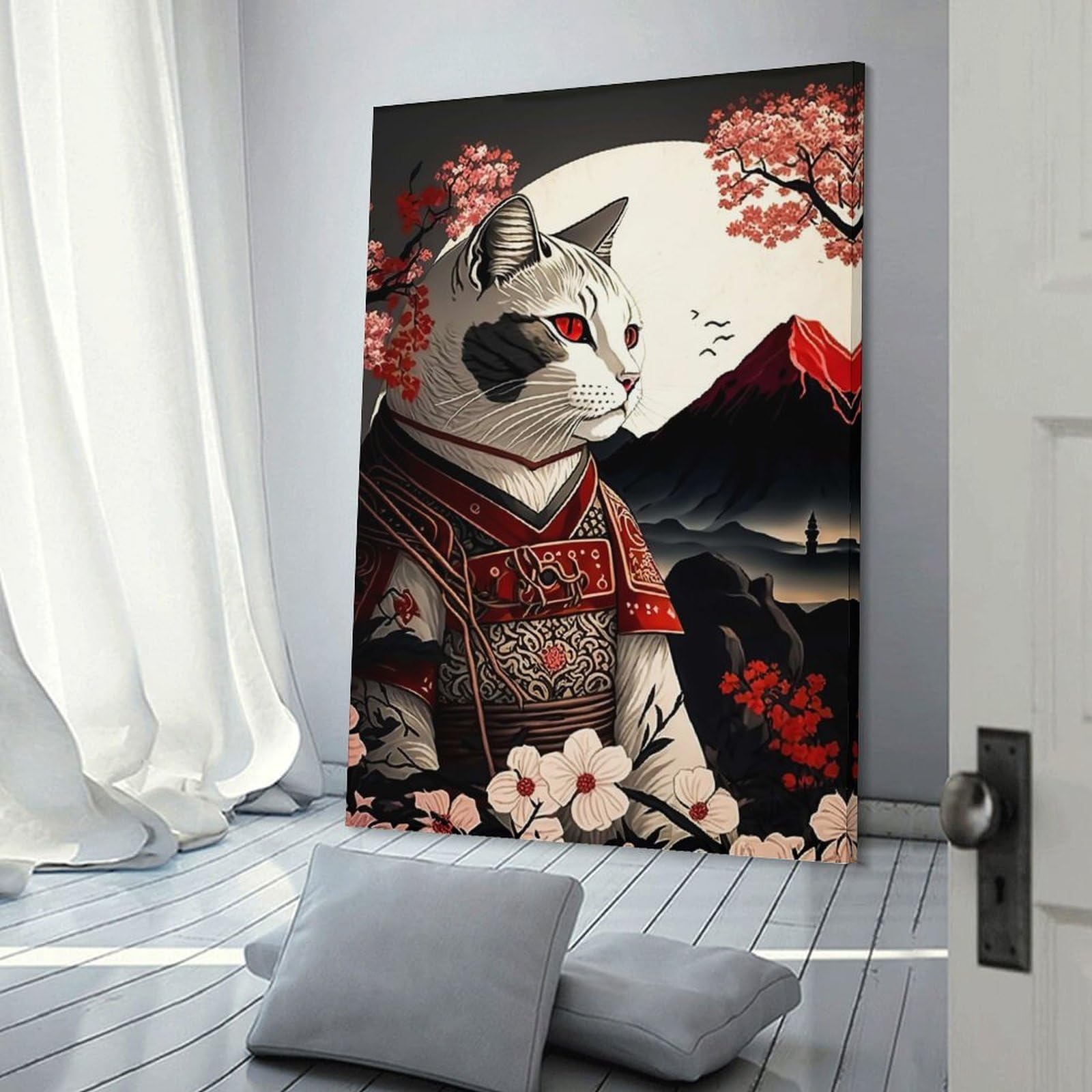 Junmoney Cat Samurai Decorative Canvas Print, 24x36inch(60x90cm), for Home, Office, Studio Or Guest Room, Versatile Wall Decor for Many Rooms
