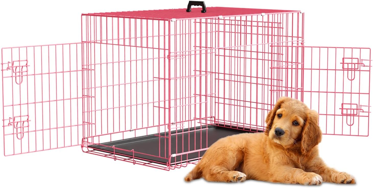 Dog Crates for Small Dogs 30" Folding Mental Wire Crates Dog Kennels Outdoor and Indoor Pet Dog Cage Crate with Double-Door,Divider Panel, Removable Tray,Pink