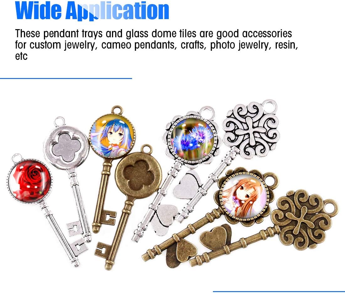 Glarks 48-Pieces Vintage Pendant Trays Set, 24pcs Skeleton Keys Pendant Trays with 24pcs Bright Glass Dome Tiles Cabochon for DIY Wedding Party Gifts Jewelry Necklace Pendants Decoration