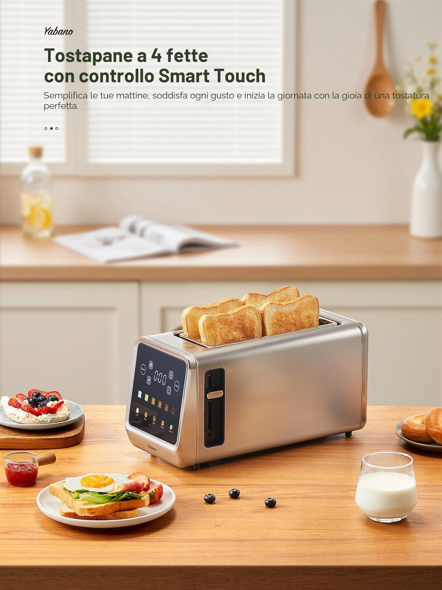 Yabano Tostapane digitale intelligente con touch screen, funzione memoria, tostatura singola, timer, riscaldamento e scongelamento per bagel, pane, waffle, muffin, acciaio inox