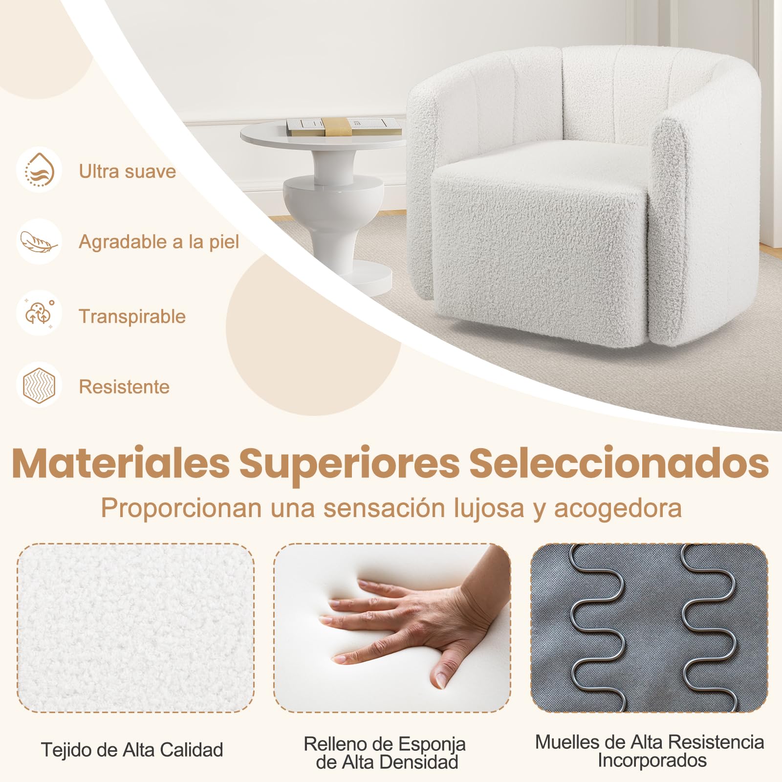 GIANTEX Sillón Giratorio con Respaldo Curvado y Asiento Suave, Silla Sofá Acolchada de Tejido Sherpa, 83 x 70 x 65 cm, Carga hasta 160 kg, Sillón de Relax para Salón, Dormitorio, Oficina