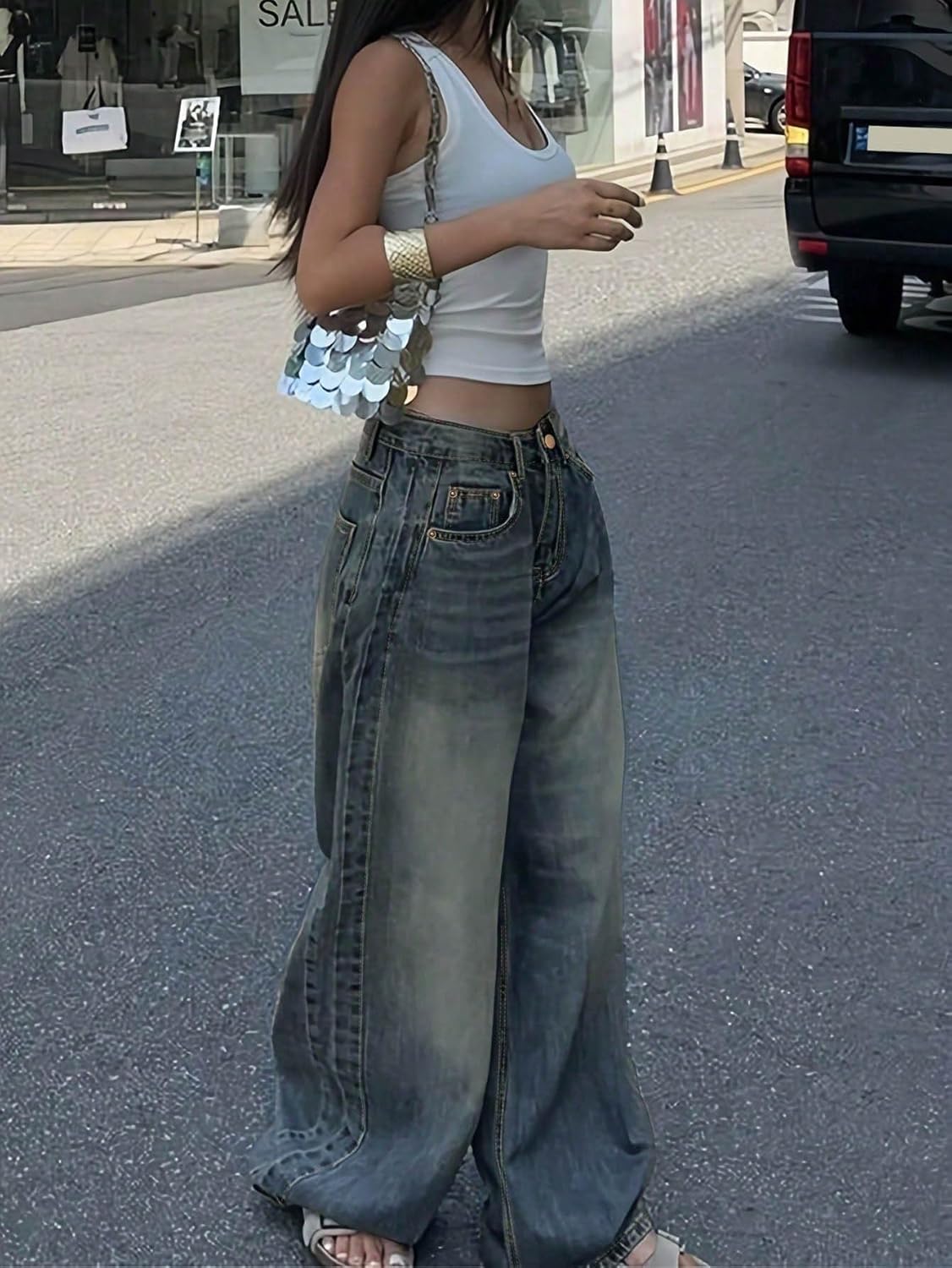 Women's Wide Leg Jeans Washed Vintage Baggy Jean Boyfriend Denim Pants Y2k Casual Mid Rise Jeans