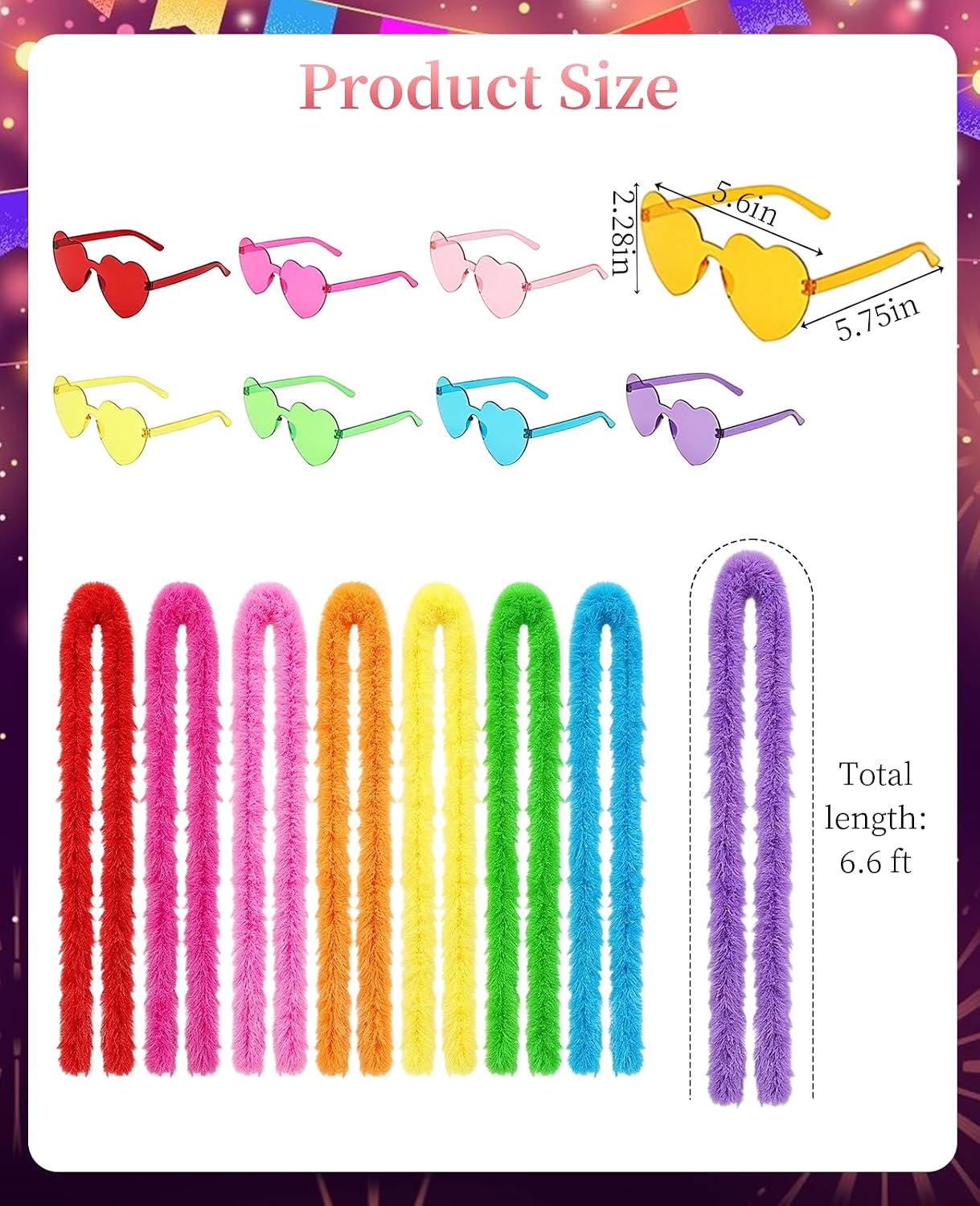 16 PCS Feather Boas Party Pack, 8PCS Artificial Feathers Boa Scarf 6.6ft & 8PCS Heart Sunglasses for Wedding Birthday Party Bulk