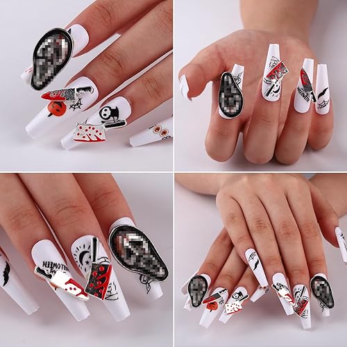 Miniatura 2 de Dijes de uñas de cuchillo sangriento de Halloween, gemas rojas plateadas, suministros de cocina metálicos 3D, joyería gótica afilada para mujeres y