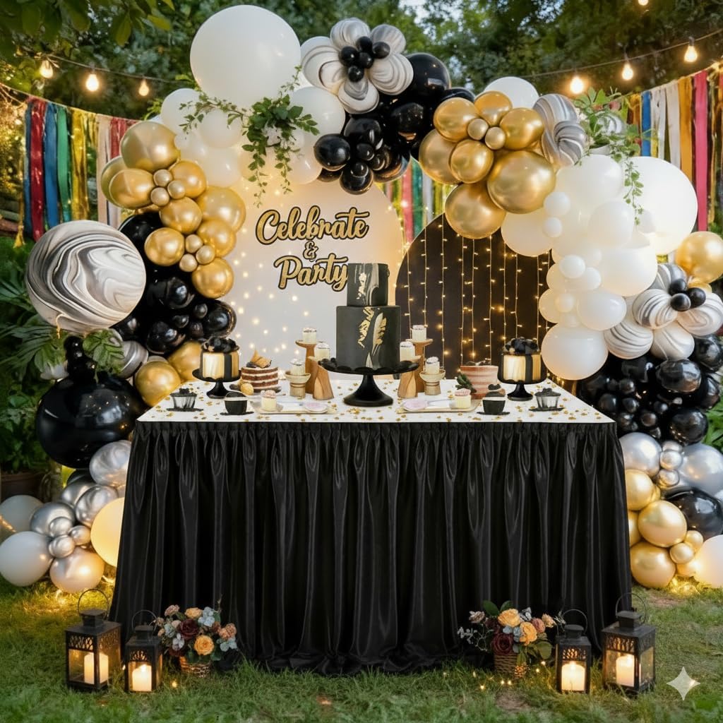 QueenDream 14ft Black Polyester Table Skirts for Rectangle and Round Teacher Desk Skirt Table Cloth Baby Shower Wedding Decor Birthday Party Graduation Gender Reveal Dessert Cake Decorations