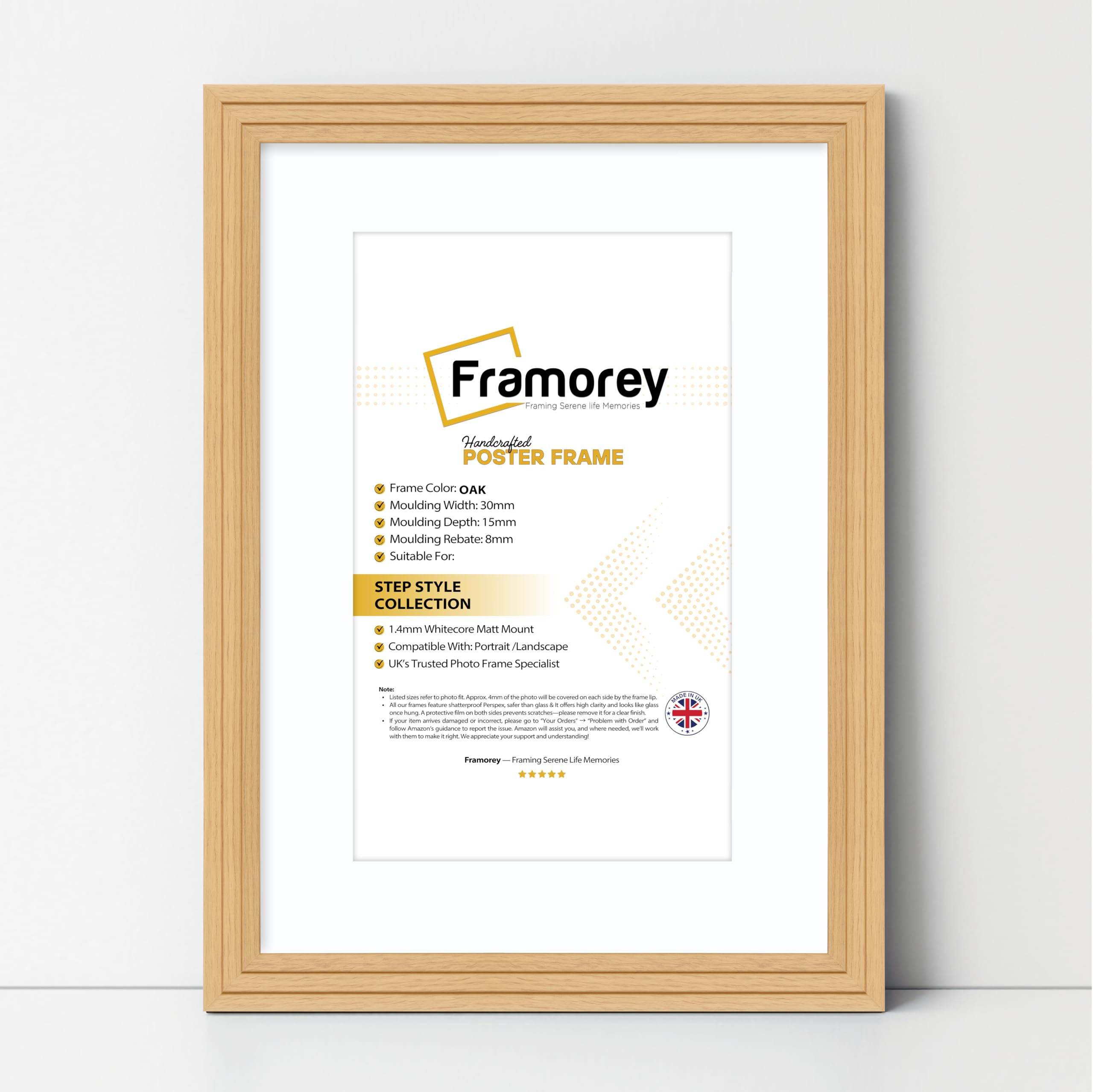 Framorey Framing Serene Life Memories Oak With White Mount Framorey Oxford Step Style Wooden Effect Picture Frame, 18X15" Size Oak Photo Frame With 14X11" Size White Mount, Casual Wall Art Poster Frames, Photo Print Frames
