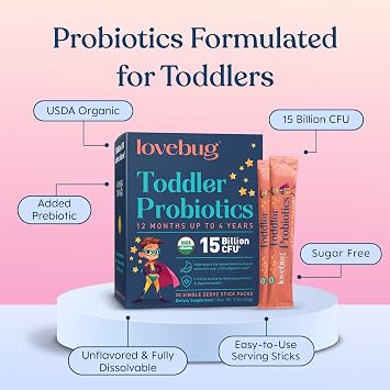 LOVEBUG Kids Probiotic Powder with Prebiotic Fiber - Toddler Immunity Support & Constipation Relief - USDA Organic Probiotics for Childrens Gut & Digestive Health (Ages 1-4) - 30 Pack (Unflavoured)