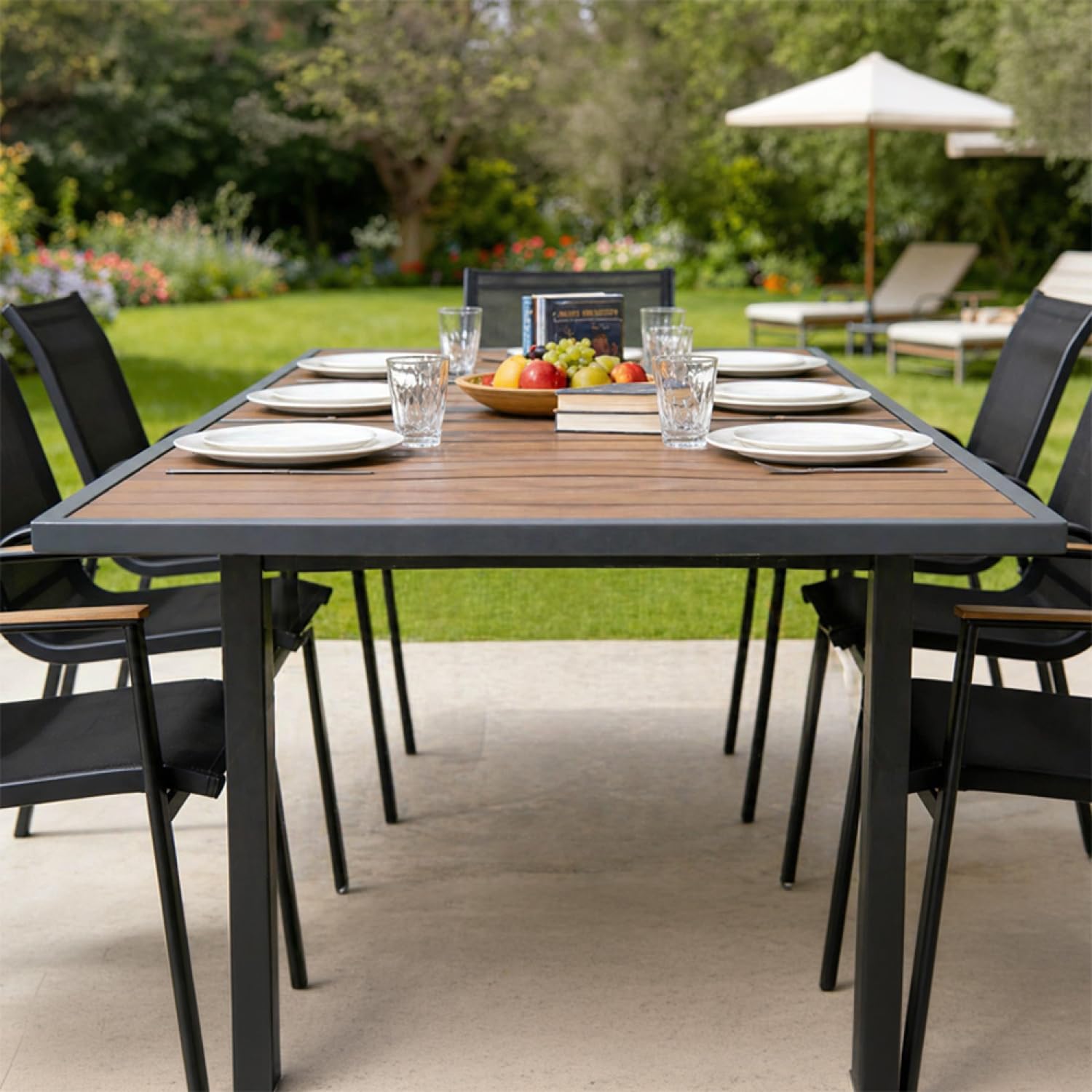 Concepto de fábrica mesa de jardín extensible Nido aluminio y madera 8 plazas | PASO DE 90 A 180 CM RÁPIDO: Bandeja eucalipto certificada FSC, estructura ligera anticorrosión