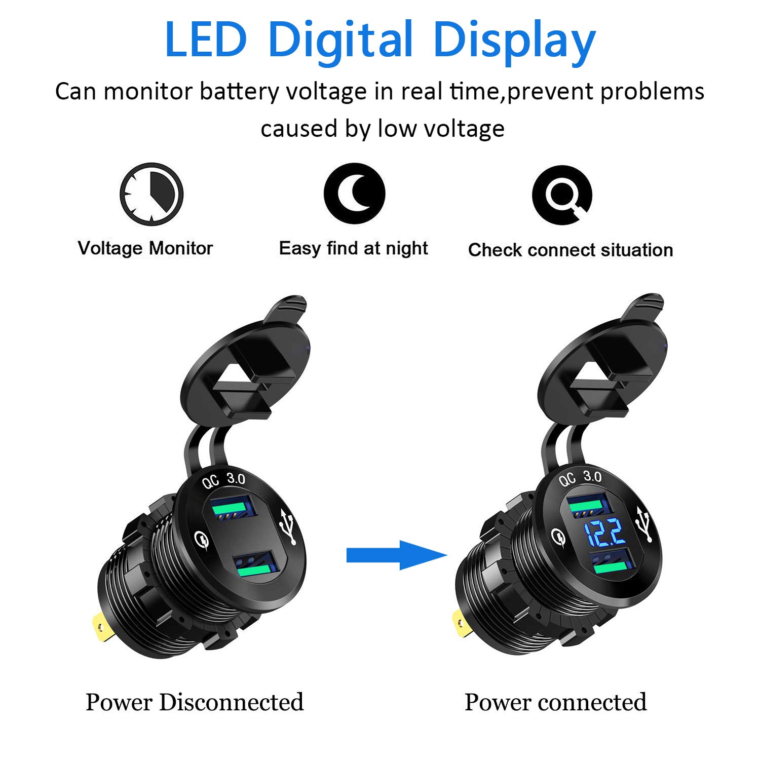 Chargeur Double USB QC3.0 12V/24V Pour Voiture/moto - étanche IP66, Voltmètre LED, Fil 60cm Avec Fusible - 13