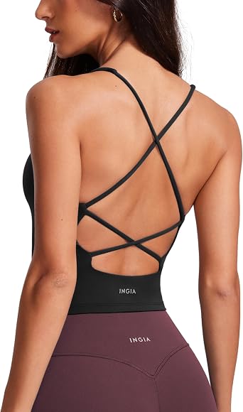 INGIA V Neck Padded Tank Tops Criss Cross Strap | Spaghetti, Statement, Strappy Back, Casual, Crop Top, Bulit in Bra, for Women