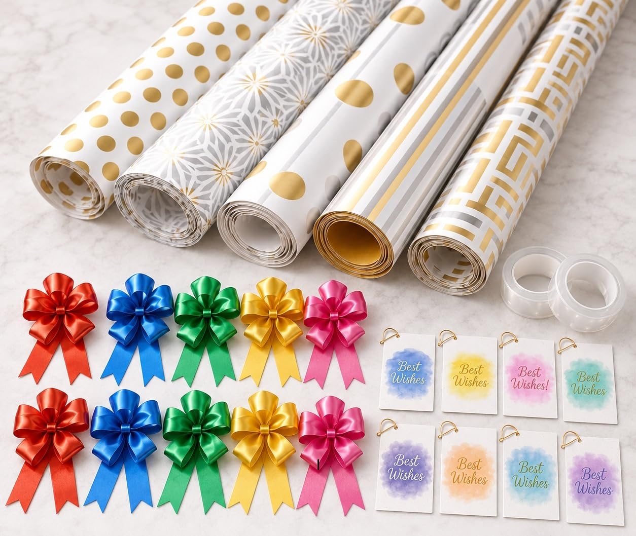 PRIME Gift Wrapping Paper Set – 10 Printed Gift Wrap Sheets, 10 Best Wishes Cards, 10 Ribbon Bows and 2 Clear Tapes Elegant Wrapping Paper for Birthday, Wedding, Anniversary, Baby Shower, Christmas and Special Occasions-picture-10