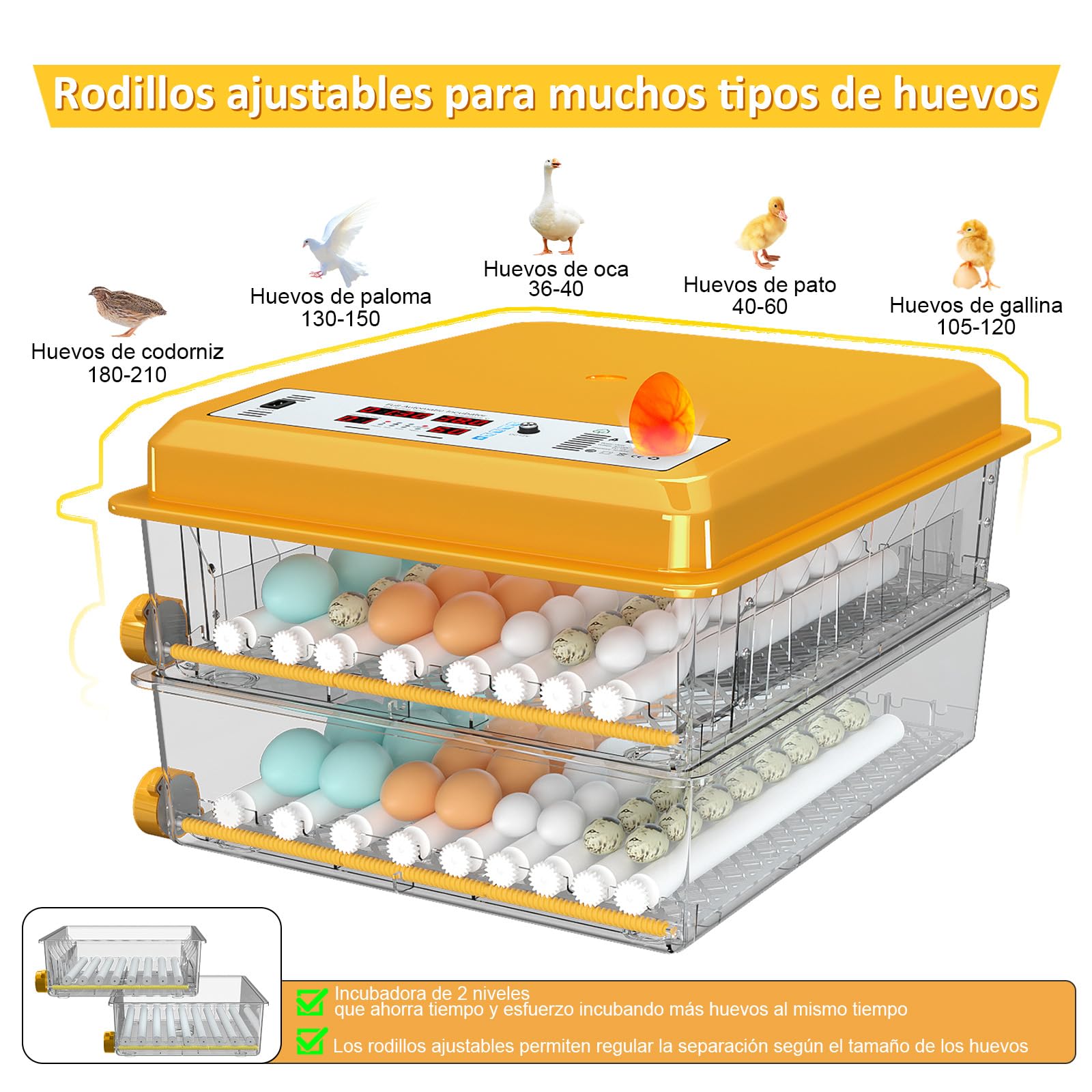 Incubadora Huevos Gallina para 120 Huevos, Incubadora con Volteo Automático y Monitor de Humedad, Control de Temperatura, 5 Modos de Incubación Automáticos y Registro de Días de Incubación