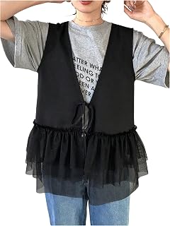 Women's Tie Front Vest Sleeveless Tulle Mesh Ruffle Hem Peplum Vest Outerwear