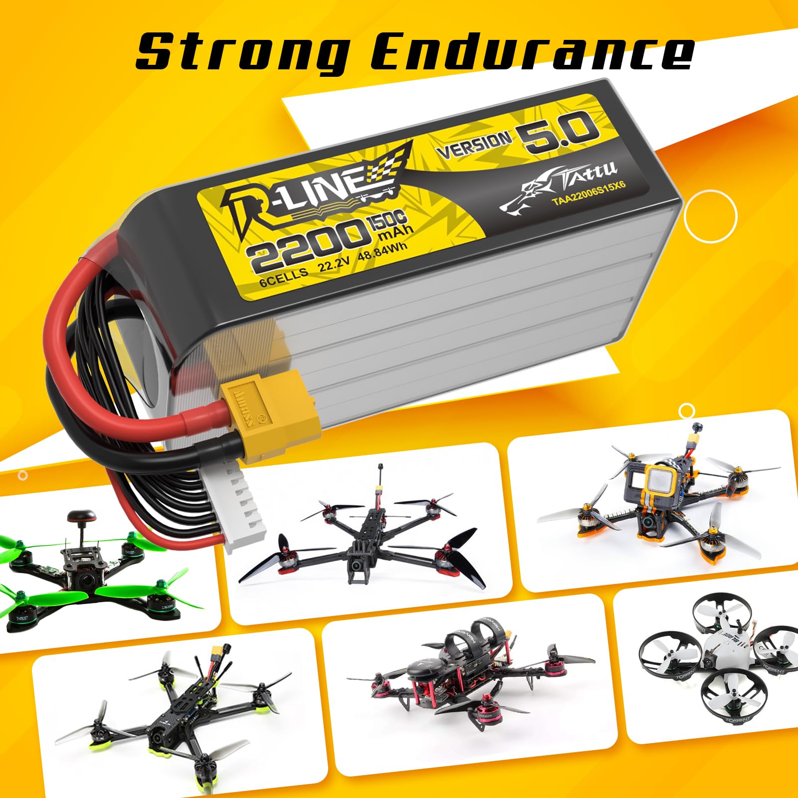 Akumulator TATTU 6S 22,2V 2200mAh 150C LiPo R-Line Wersja 5.0 z wtyką XT60U-F, profesjonalny akumulator wyścigowy do FPV dronów i 7-calowych wyścigówek
