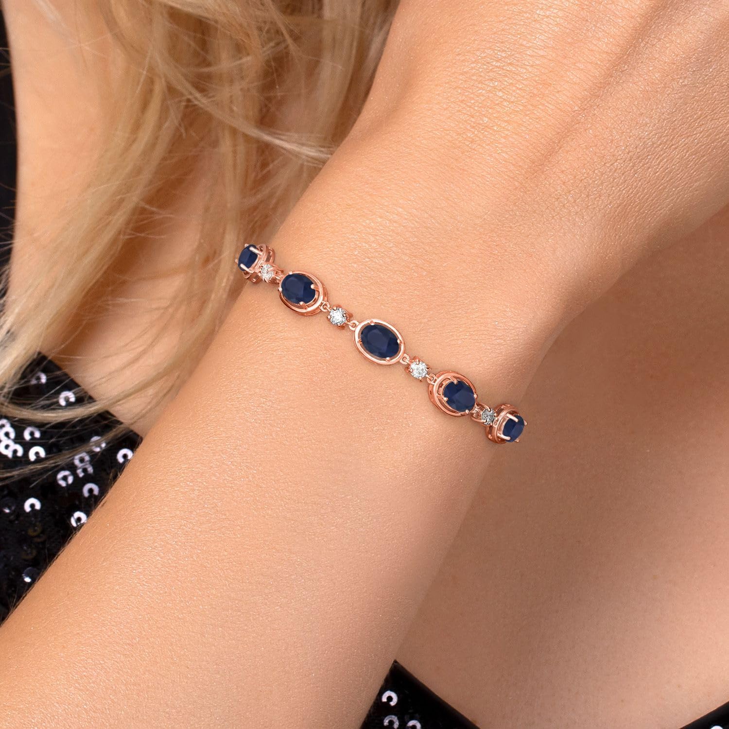 Gem Stone King 18K Rose Gold Plated Silver Blue Sapphire and Lab Grown Diamond Bracelet For Women | 5.40 Cttw | Gemstone September Birthstone | Oval 7X5MM | Fully Adjustable 9 Inch - Image 4
