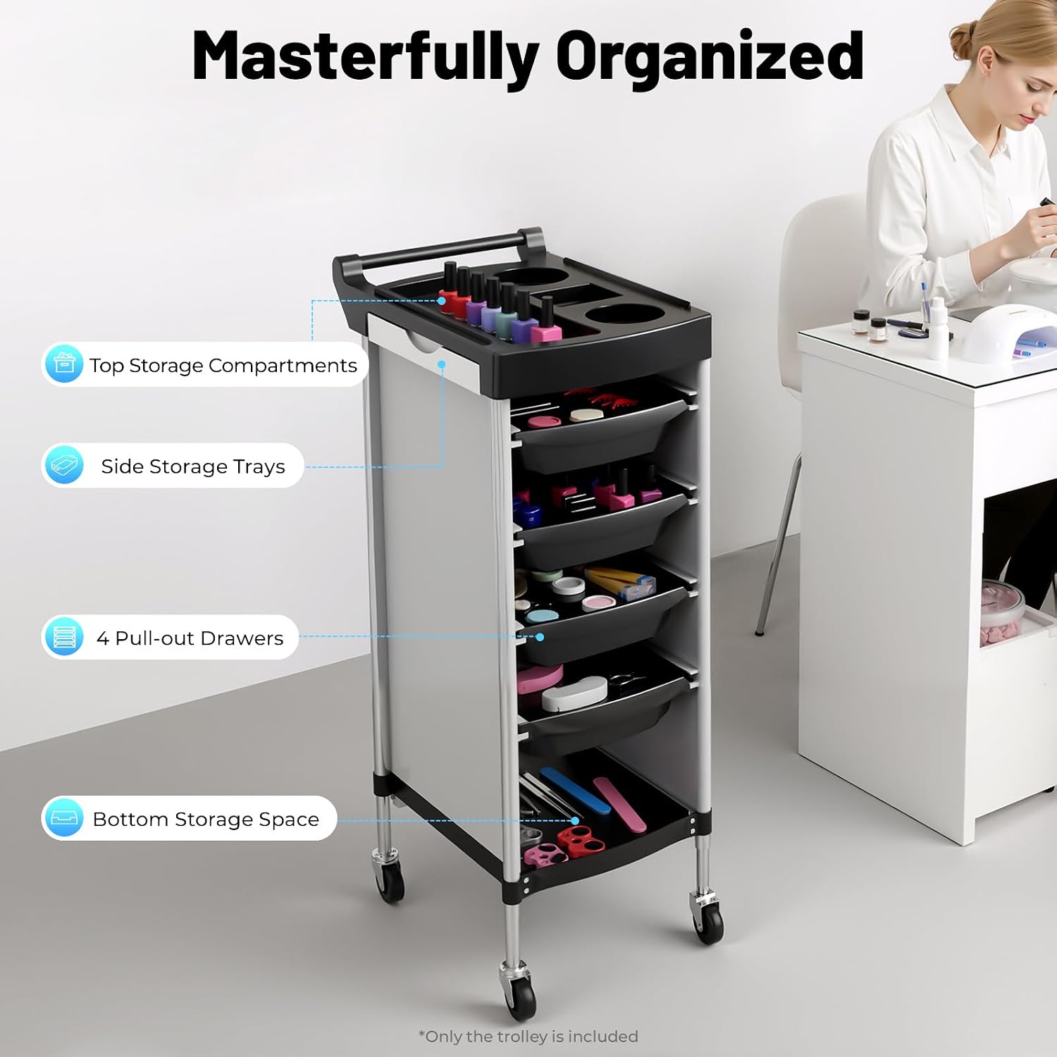 Salon Trolley Cart with Wheels, 6-Tier Beauty S-alon Cart with 4 Drawers, Space-Saving Rolling Salon Versatile Utility Cart, Open Top Floor, 110.23lbs Load-Bearing, Retractable Trays (White+Black)