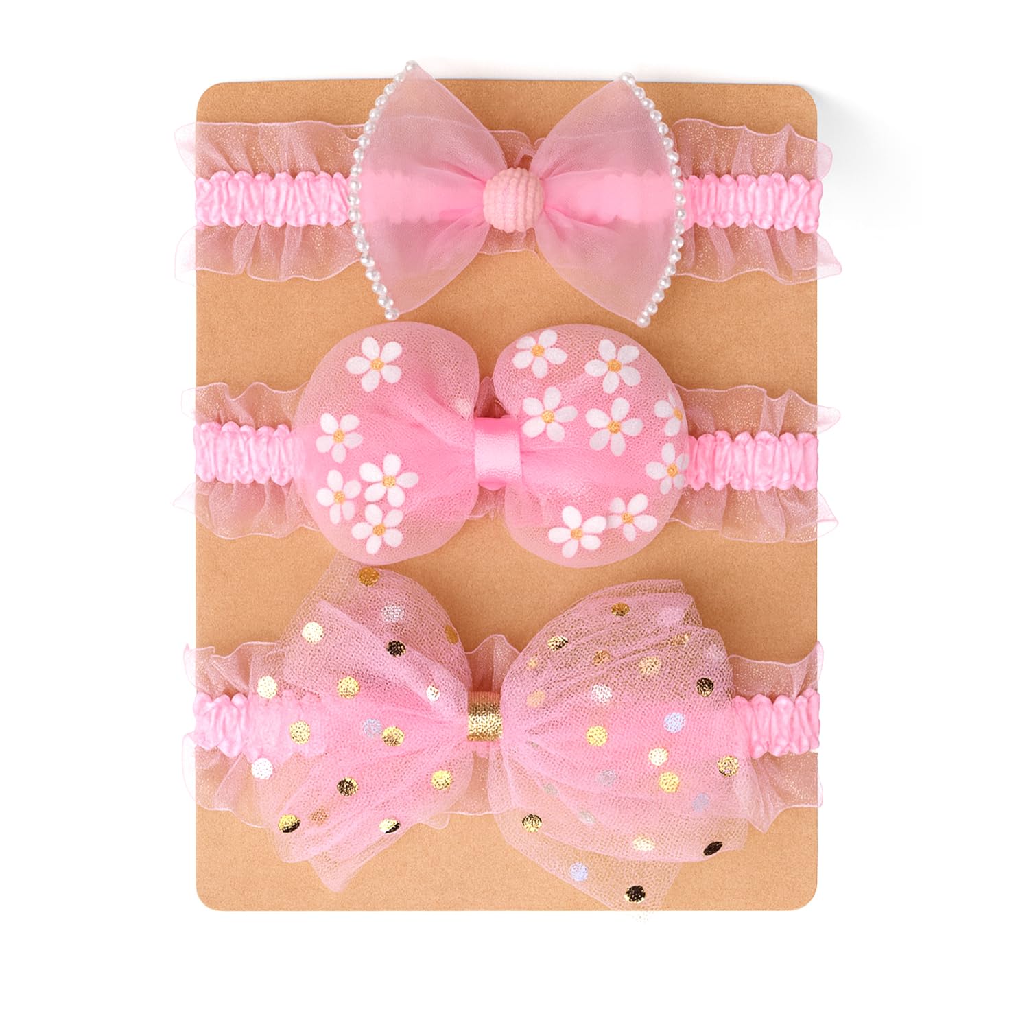 SYGA 3 Pcs Baby Headband Set – Golden Confetti Bow, Daisy Delight & Pearl Blossom Designs – Soft, Stretchy Elastic, Infant & Toddler Headbands, Perfect for Newborns, Photoshoots & Gifts (Light Pink)-image-8