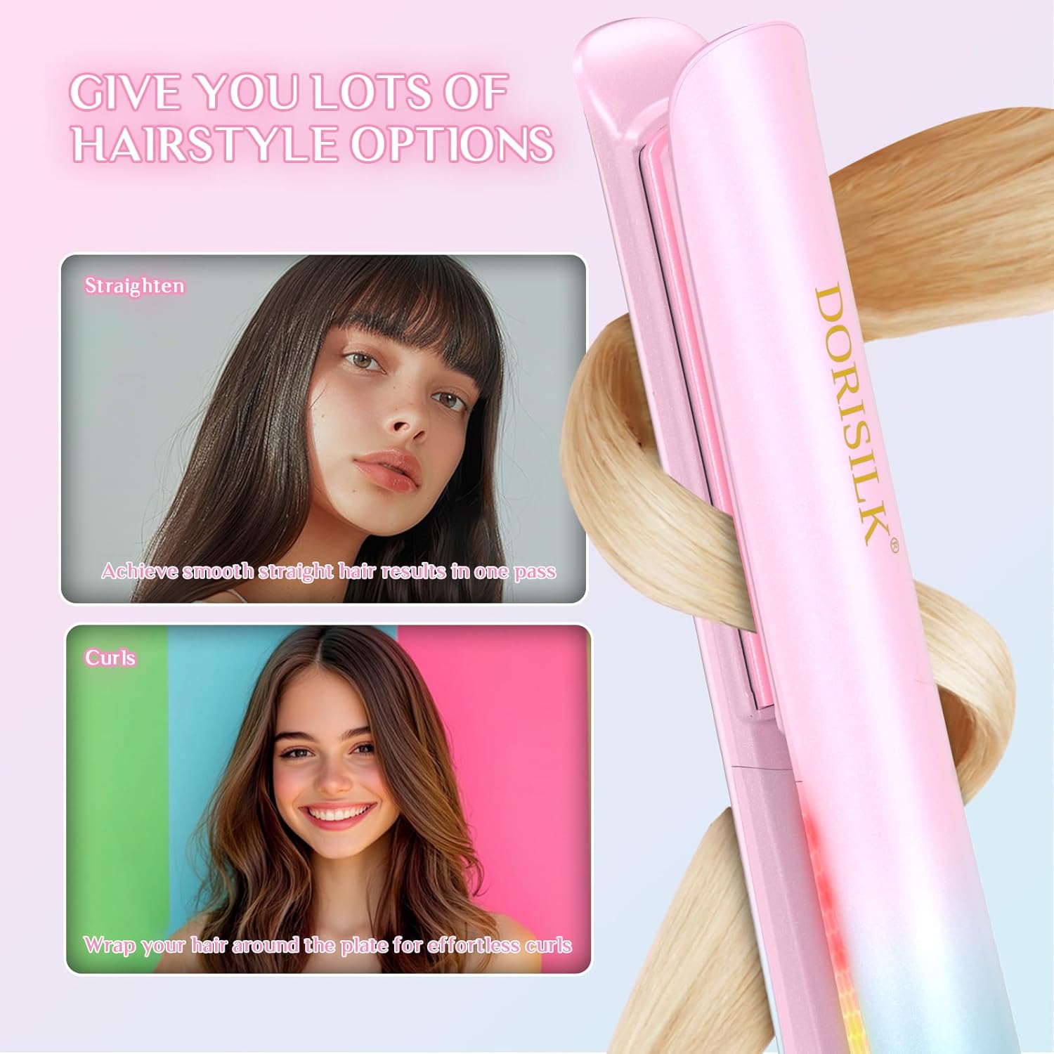 DORISILK 470°F Hair Straightener Colorful Light, Dual Voltage Flat Iron for EU Travel, 1" Professional Salon Ceramic Straightening & Curling Iron Smooth Tech 30s Fast Heat for Women Girls, Blue Pink - Image 6