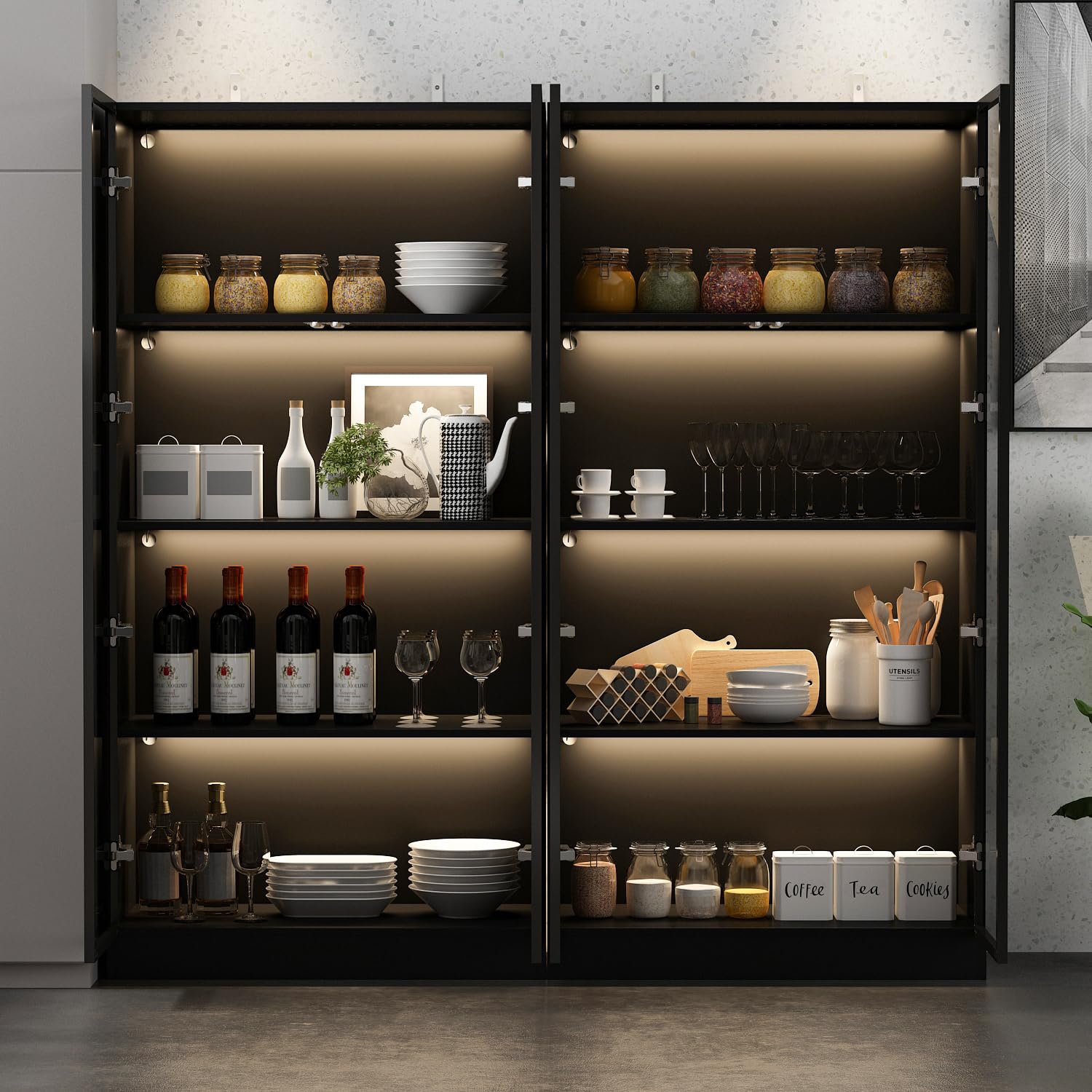 Vetrina in vetro con illuminazione, vetrina in vetro di colore nero, vetrina da collezione, in vetro multifunzione, con ripiani a 4 livelli, 40 x 160 x 80 cm