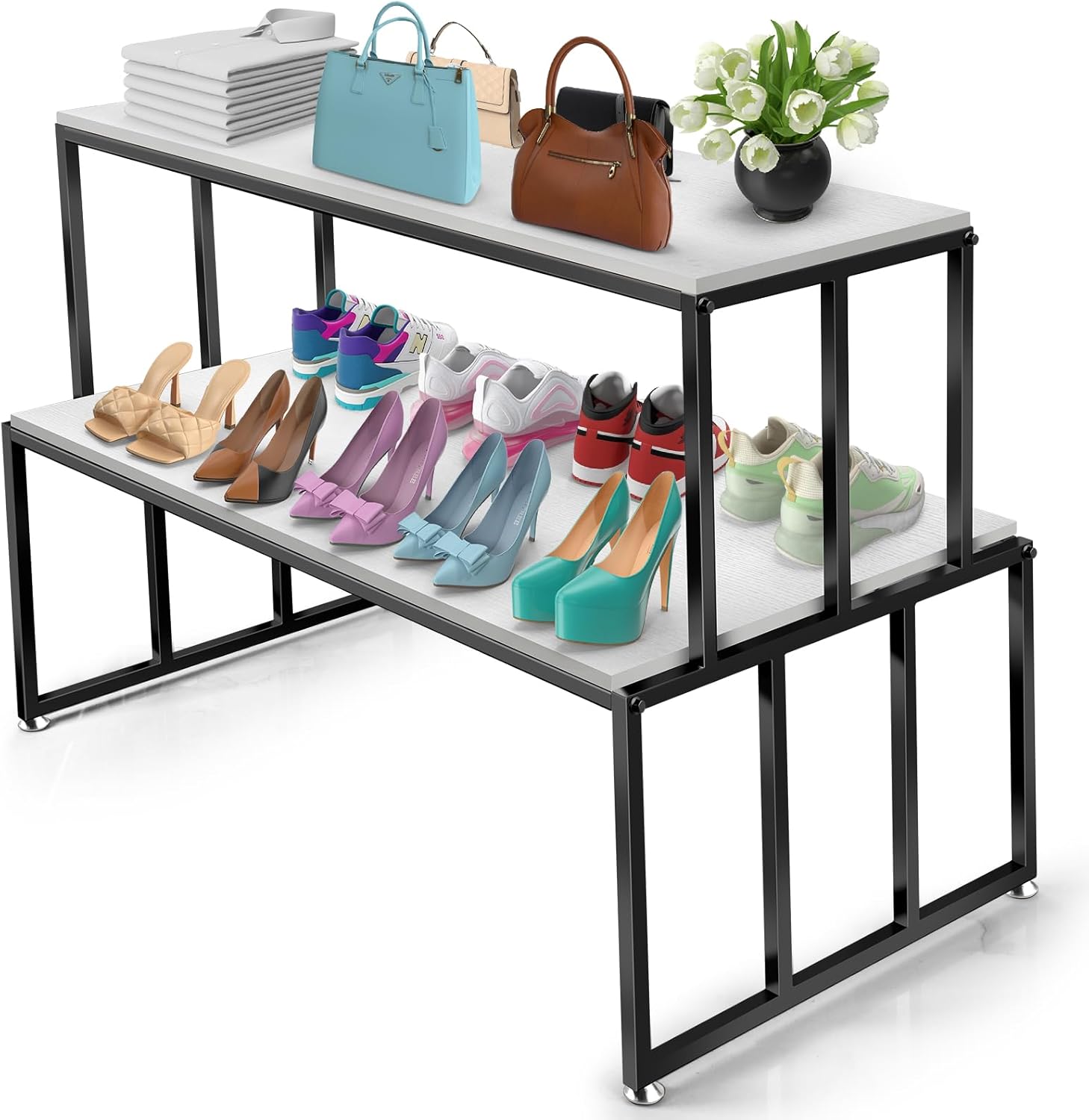 2 Tier Retail Display Table for Shoes & Handbags, Gold Metal and Wood Boutique Display Stand, Heavy Duty Display Riser Shelf for Clothing Stores, Vendor Events, Showroom & Home, 45.2"